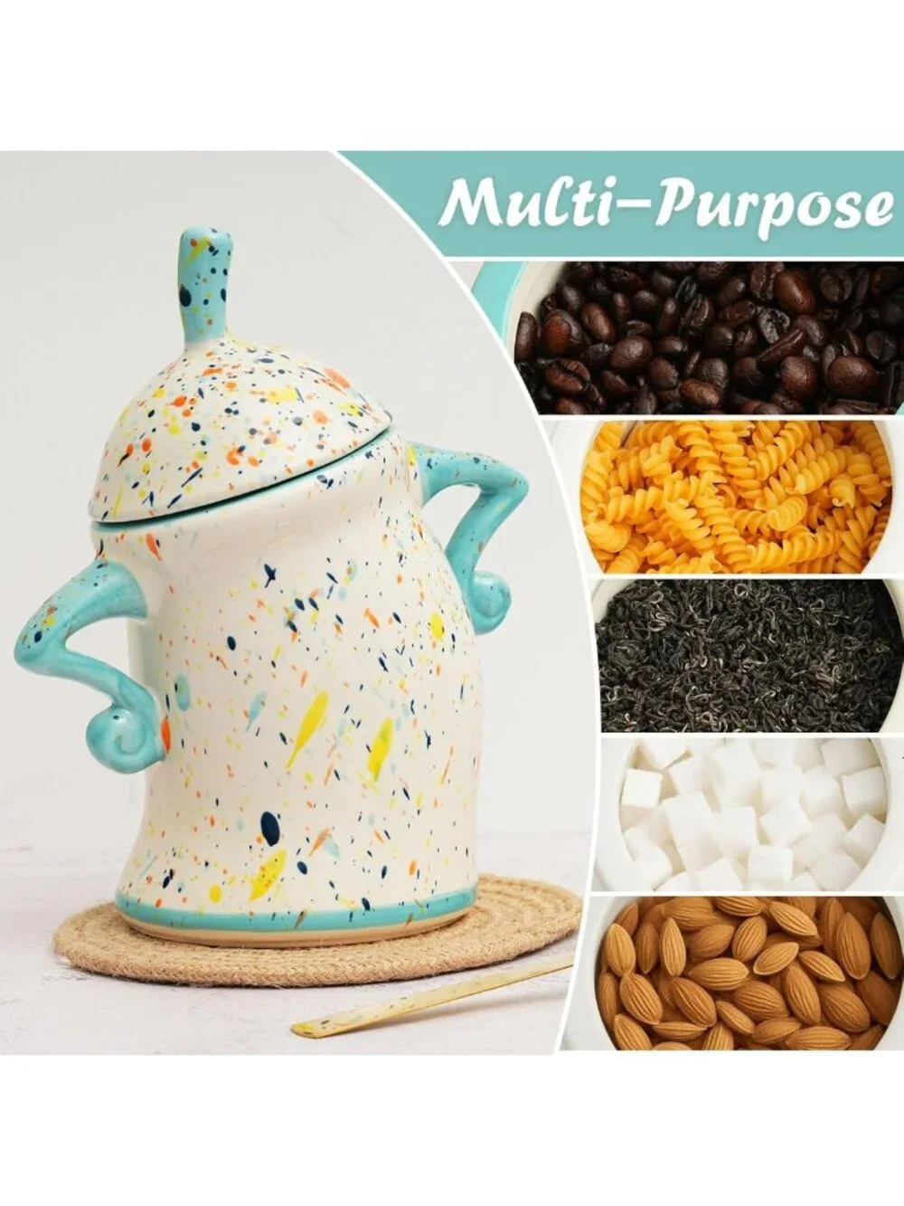 Airtight Ceramic Canister with Spoon - Cute Food Storage for Tea, Coffee, Sugar